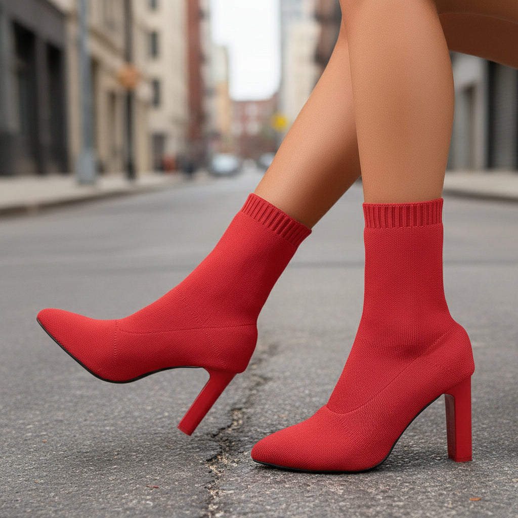 New Winter Fashion Minimalist Chunky-heeled Knitted Suede Ankle Boots With Pointed Toes For Women 