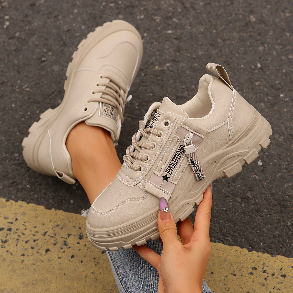 Lace-up Sports Shoes With Side-Zipper Design Fashion Thick-soled Round-toe Casual Shoes For Women Sneakers  walking shoes