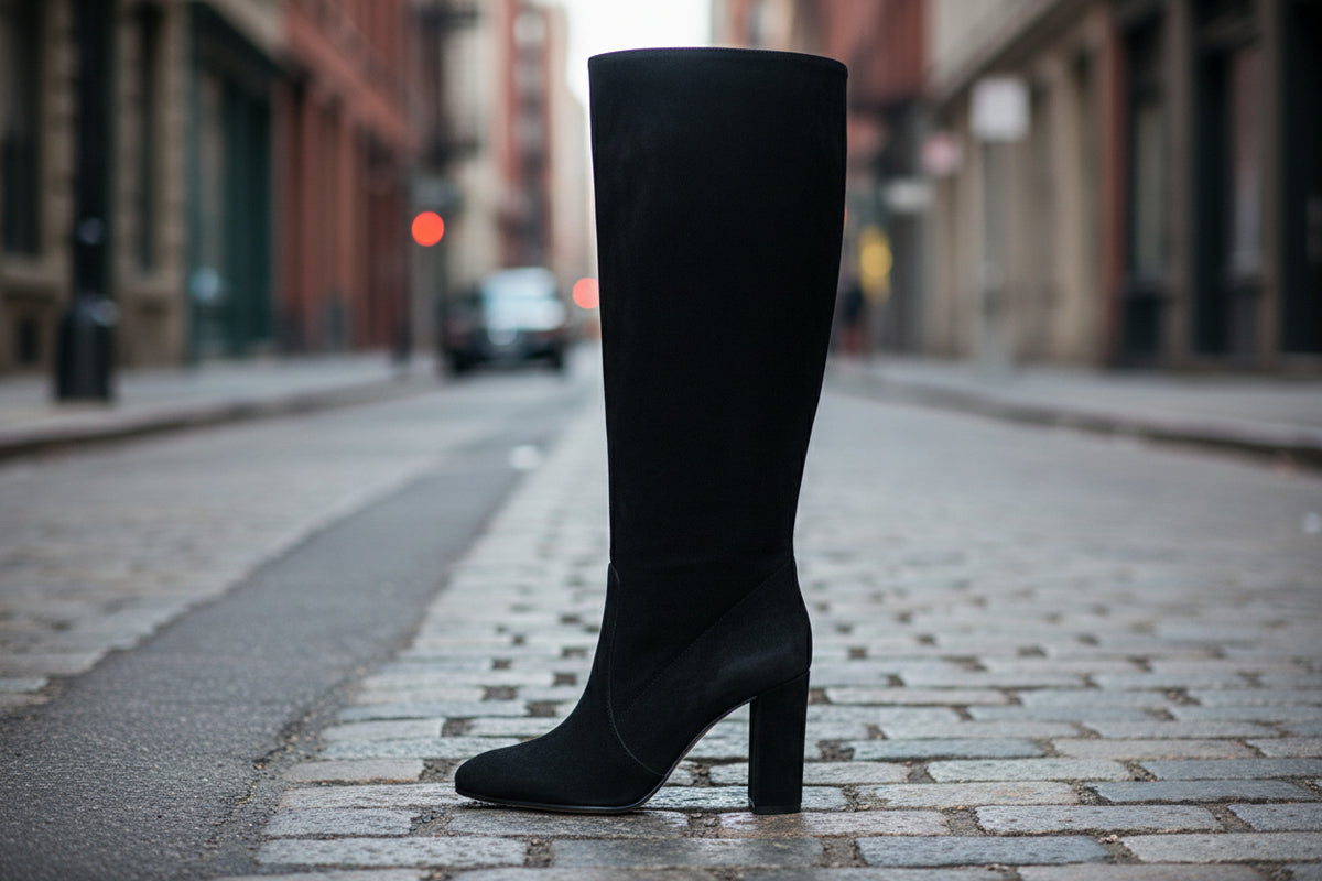 Suede Pleated High Heel Thick Heel Pointed Sleeve Boots 