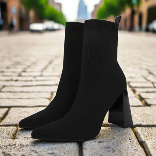 Brown Yellow Geometric High Heel Chunky Heel Retro Ankle Boots Elastic Socks Boots Women  Boots