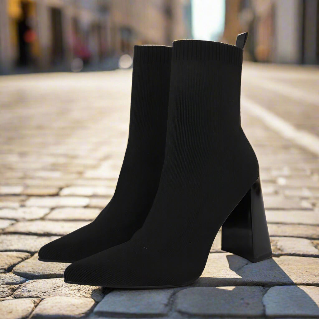 Brown Yellow Geometric High Heel Chunky Heel Retro Ankle Boots Elastic Socks Boots Women  Boots