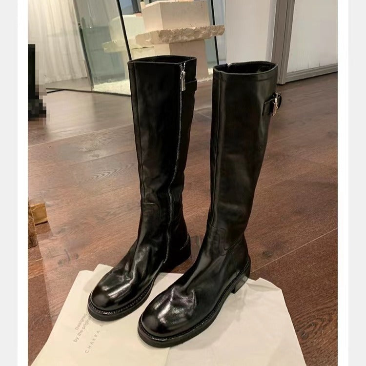 Washed Horse Leather Belt Buckle Thick Bottom Thigh High Boots Women  Boots