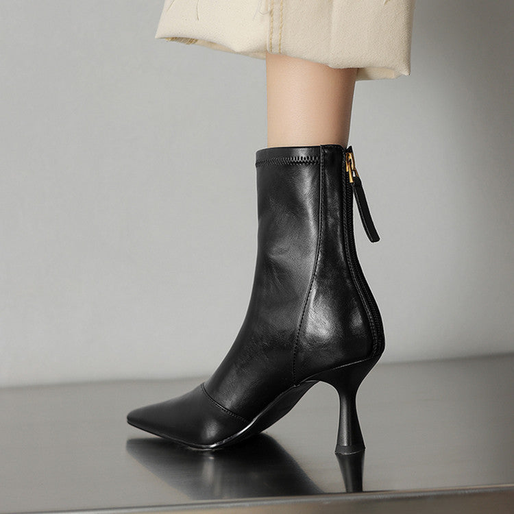 Stiletto-heeled Cowhide Pointed-toe Ankle Boots With A Back Zipper 