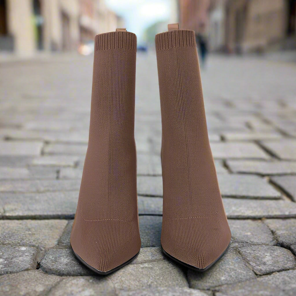 Brown Yellow Geometric High Heel Chunky Heel Retro Ankle Boots Elastic Socks Boots Women  Boots