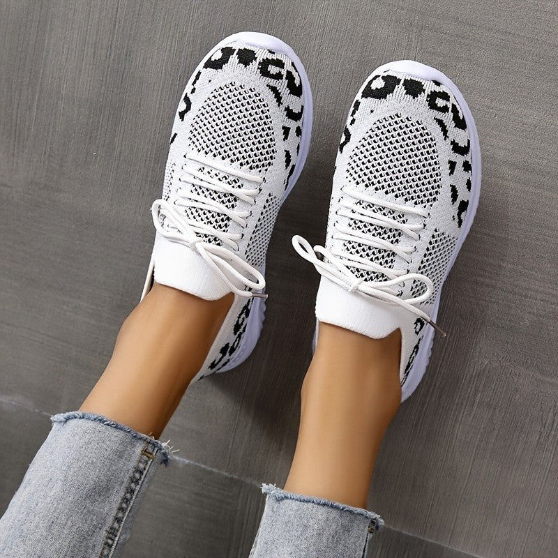 White Shoes Women Leopard Print Lace-up Sneakers Sports  Sneakers
