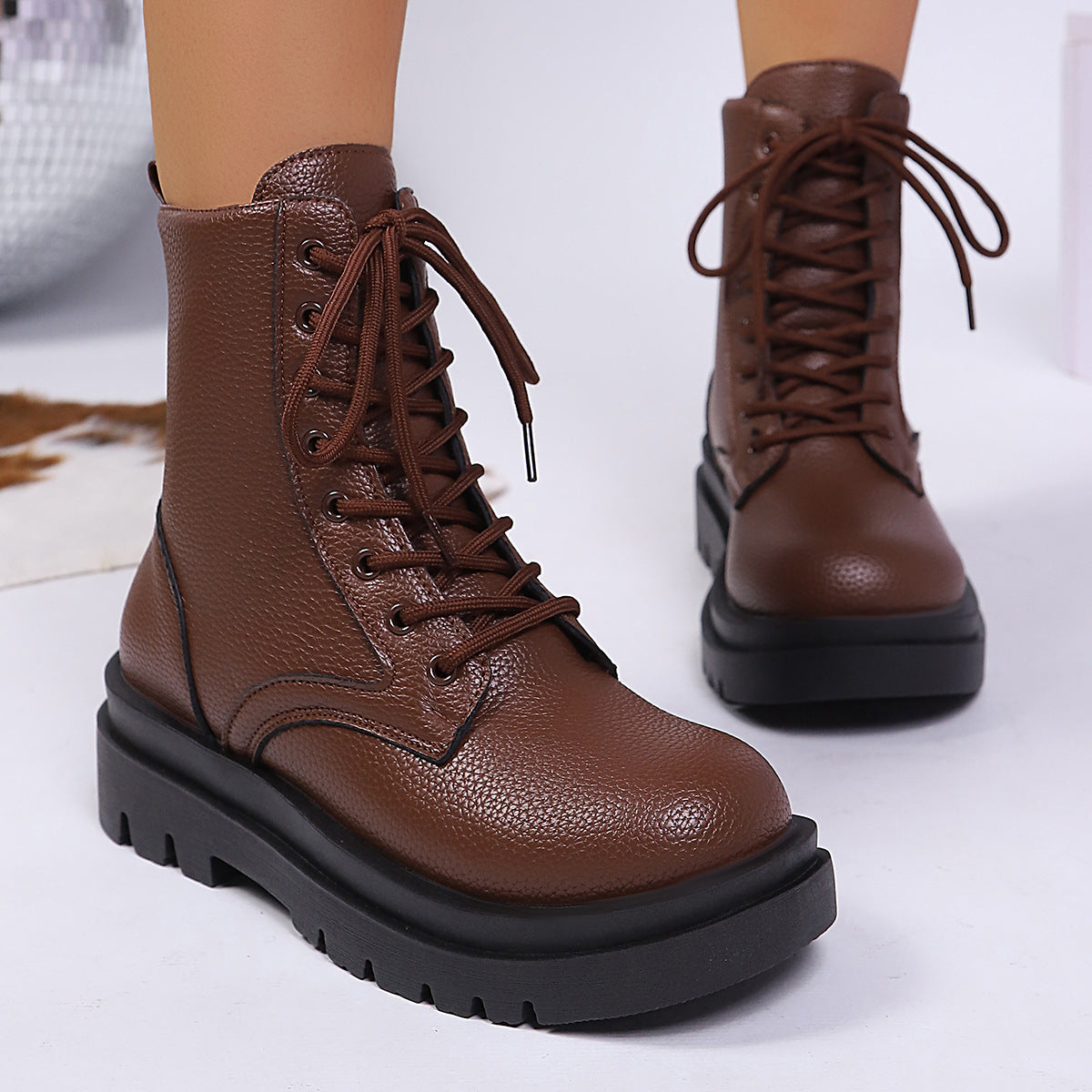 Women's Round-toe Plus-size Lace-up Chunky-sole Ankle Boots 