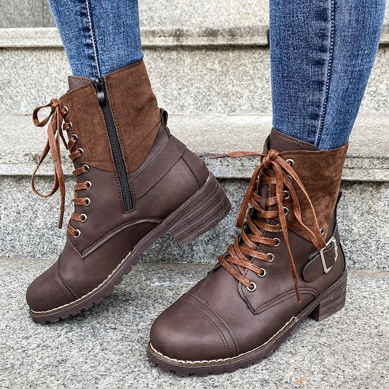 Couple Round Toe Martin Boots Chunky Heel Lace-up  Boots