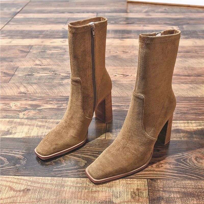 New Square Toe Fleece-lined New Chunky Heel French Boots 