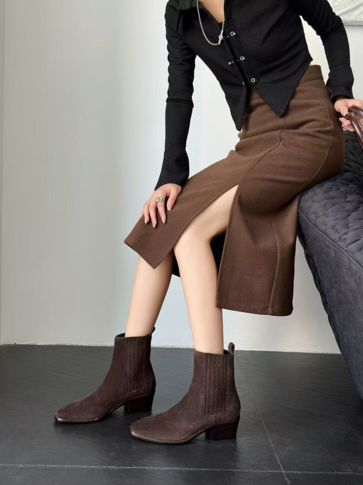 Mid-heel Chunky-heel Retro Square-toe Matte Leather Womens Boots 