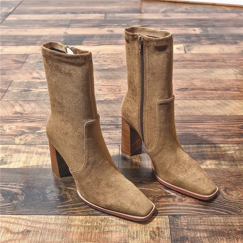 New Square Toe Fleece-lined New Chunky Heel French Boots 