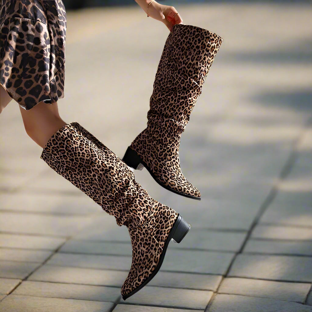Fashion Square Toe Chunky Heel High Heel Leopard Print Boots  Boots