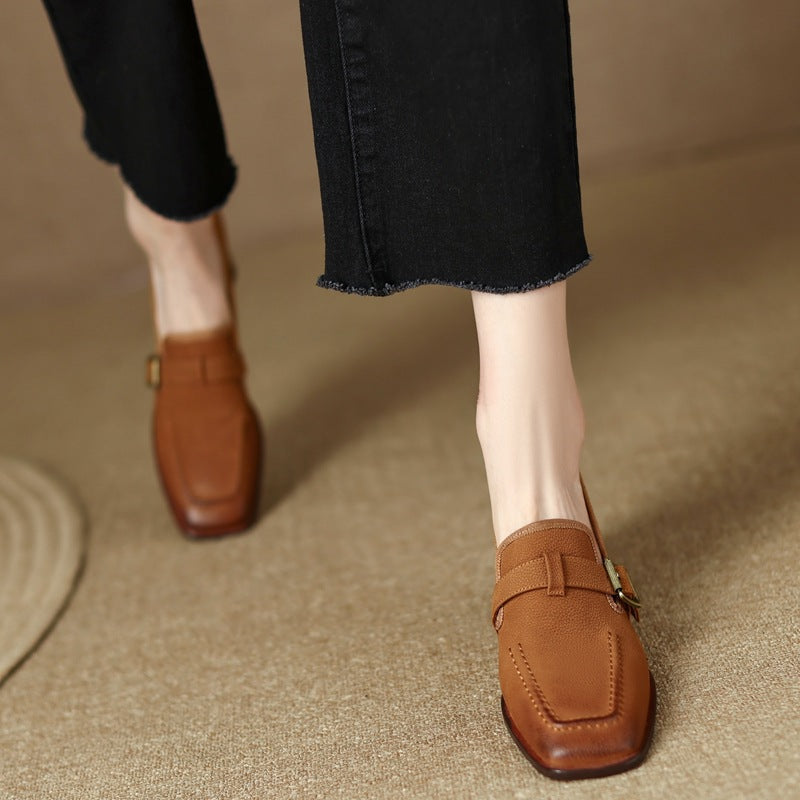 Womens Retro Brown Commuter British Style Leather Shoes With Chunky Heels 