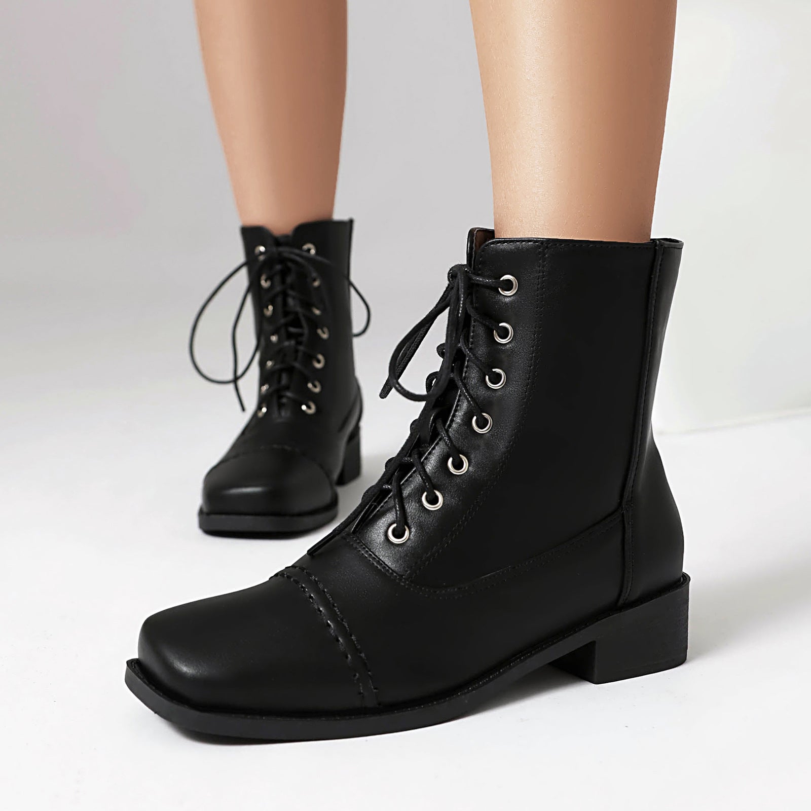 Womens Comfortable Lace-Up Square-Toe Outdoor Motorcycle Boots 